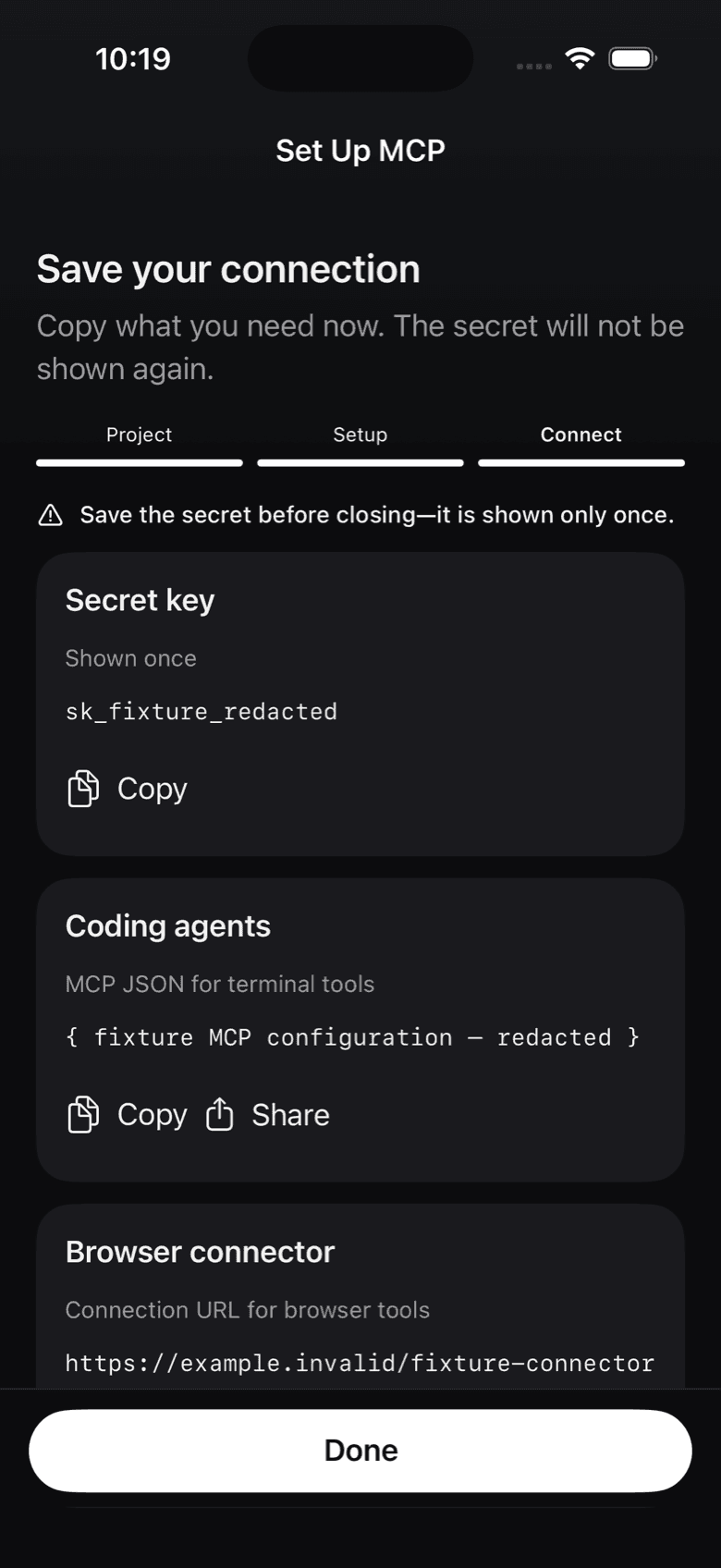 Notifex on iPhone after creating a project: the secret key, the MCP JSON for coding agents and the browser connector URL