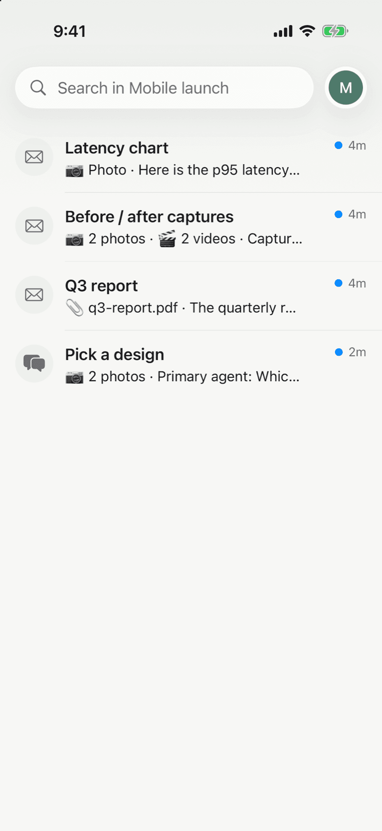 The Notifex inbox on iPhone with agent threads, unread dots and attachments
