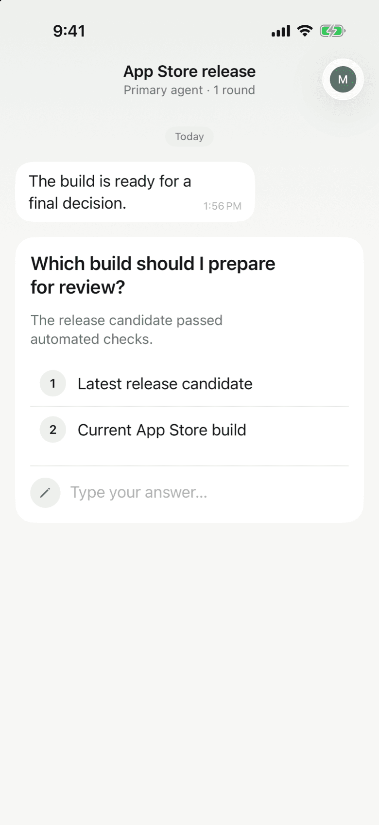 A Notifex thread on iPhone: the agent asks which build to prepare, with two options and a field to type an answer