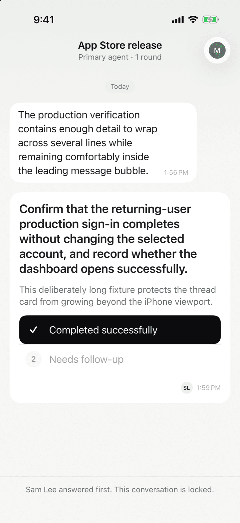A Notifex thread on iPhone showing that a teammate answered first and the conversation is locked