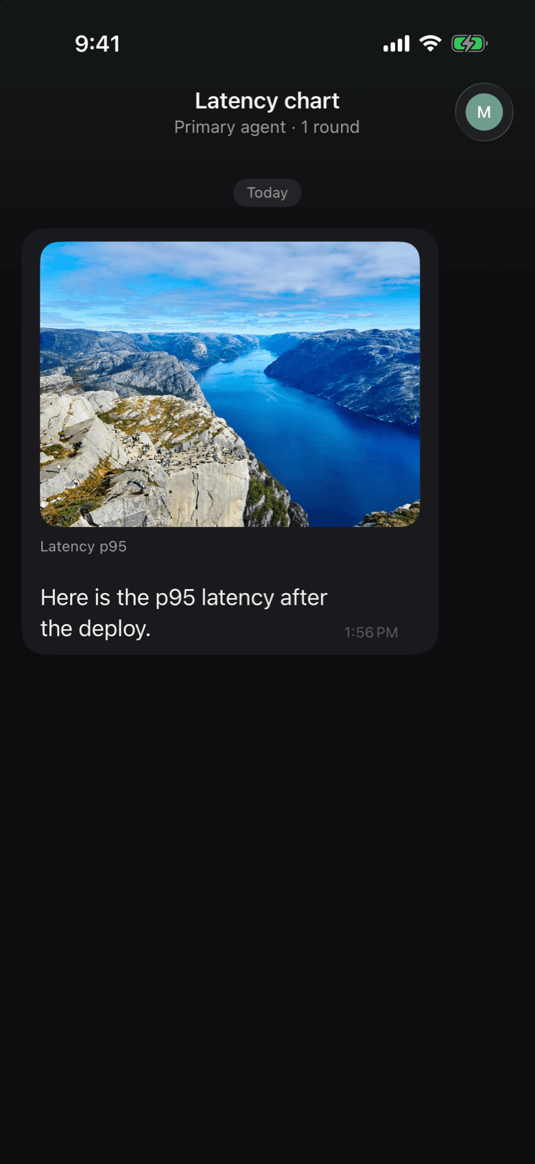 A Notifex thread on iPhone in dark mode showing a chart image an agent attached