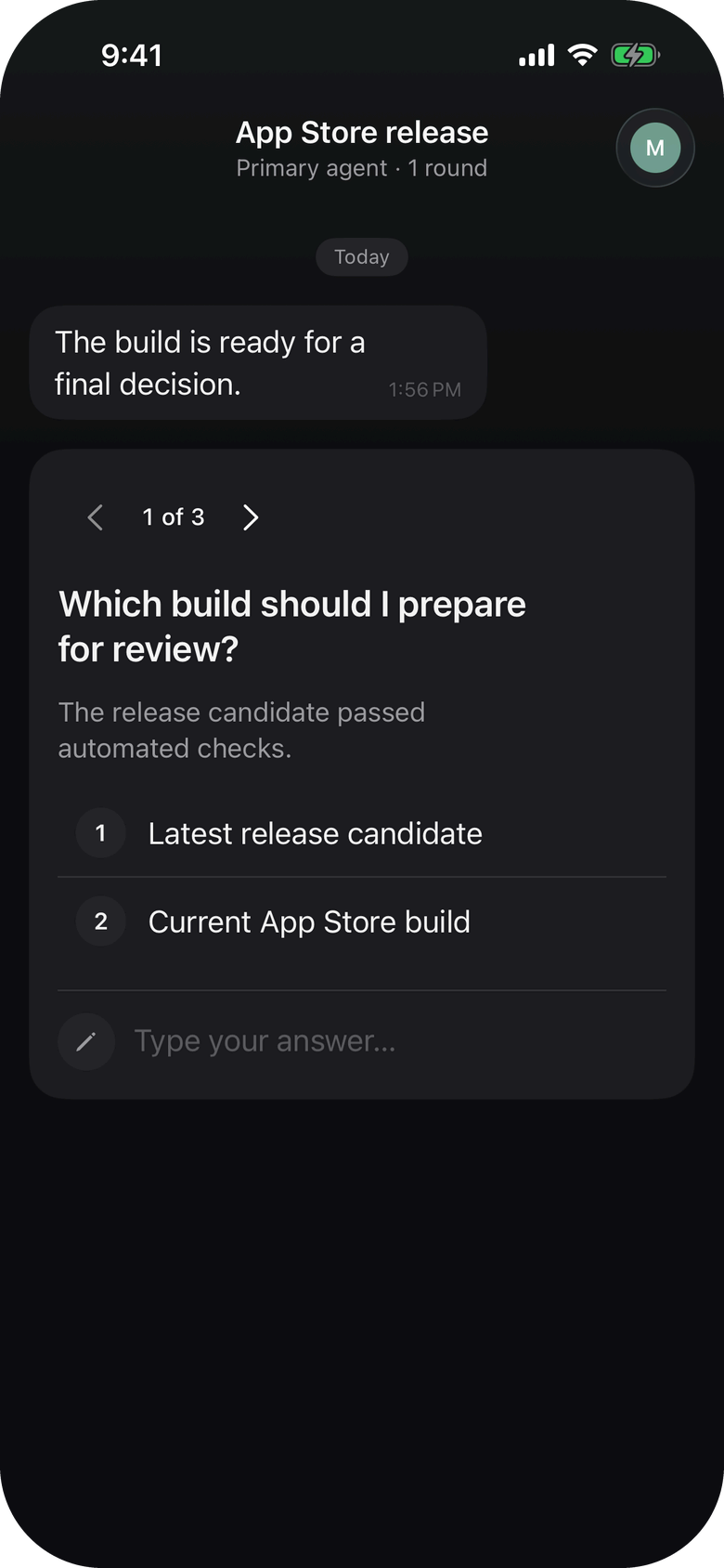 A Notifex thread on iPhone showing a batch of questions with options and a text field