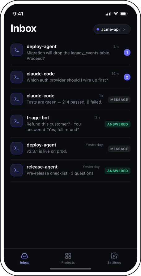 Notifex inbox on iPhone listing agent conversations with unanswered questions flagged