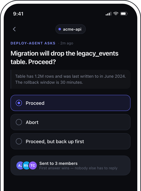 Notifex question card on iPhone showing a deploy decision with Proceed and Abort options