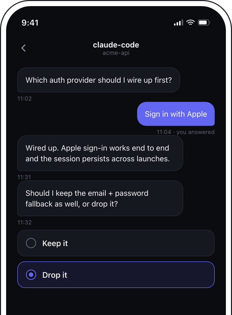 Notifex conversation thread on iPhone showing an agent's follow-up question after the first answer