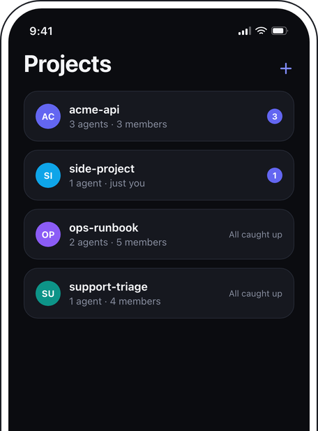 The Notifex project switcher listing projects and their unanswered question counts